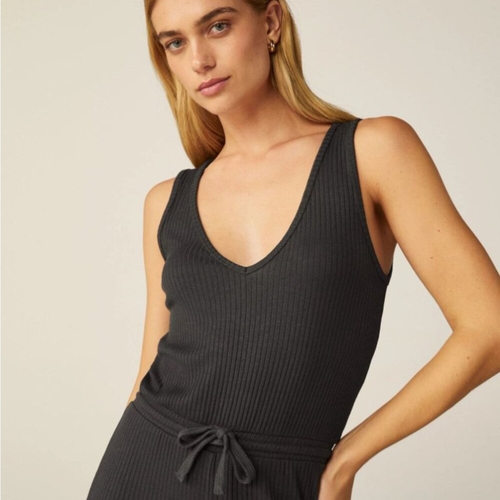 NWOT Beyond Yoga Jetsetter Black Ribbed Jumpsuit w/ Drawstring Waistband - Picture 2 of 12